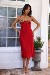 Blooming Relationship Satin Midi Dress Red